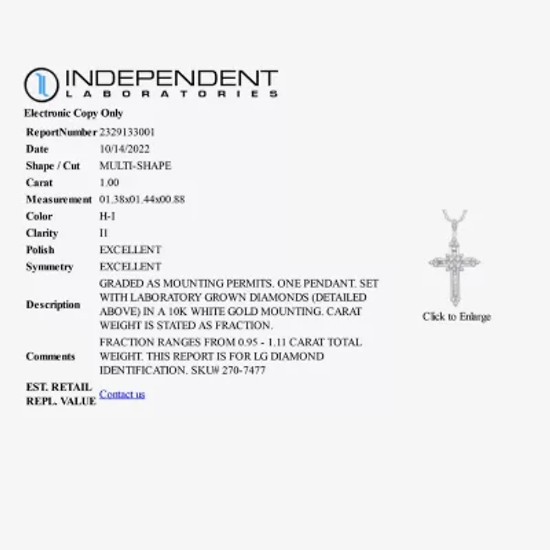 (H-I / I1) Womens 1 CT. T.W. Lab Grown White Diamond 10K White Gold Cross 18 Inch Pendant Necklace