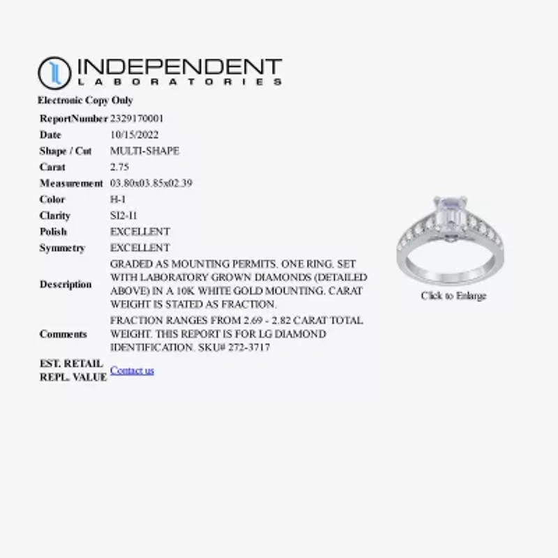 (H-I / I1) Womens 2 3/4 CT. T.W. Lab Grown White Diamond 10K Gold Side Stone Engagement Ring