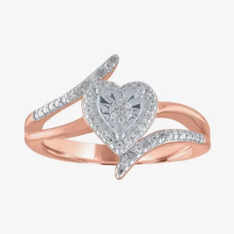 Womens 1/10 CT. T.W. Natural White Diamond 14K Rose Gold Over Silver Sterling Silver Heart Halo Bypass Cocktail Ring
