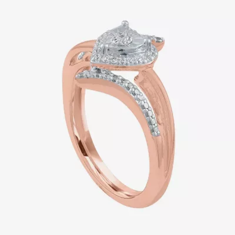 Womens 1/10 CT. T.W. Natural White Diamond 14K Rose Gold Over Silver Sterling Silver Heart Halo Bypass Cocktail Ring