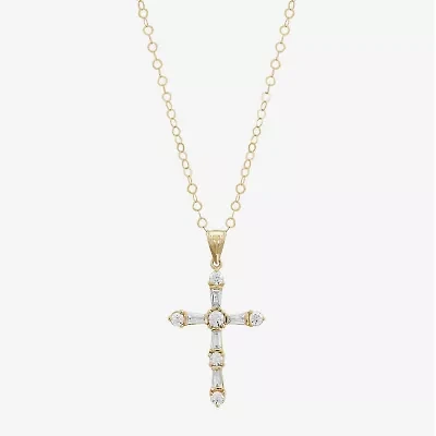 Womens White Cubic Zirconia 10K Gold Cross 18 Inch Pendant Necklace