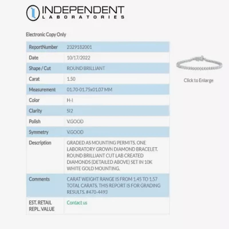 (H-I / Si2) Womens 1 1/2 CT. T.W. Lab Grown White Diamond 10K White Gold 7.25 Inch Tennis Bracelet