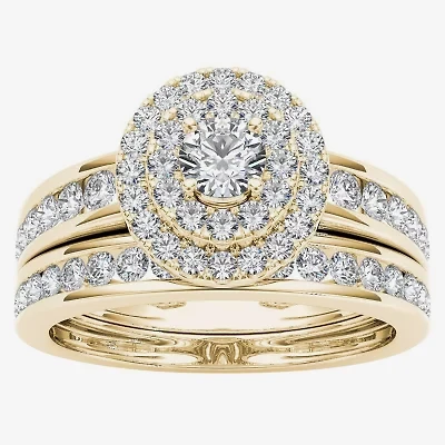 Womens 1 CT. T.W. Natural White Diamond 10K Gold Oval Side Stone Halo Bridal Set