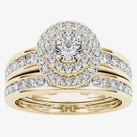 Womens 1 CT. T.W. Natural White Diamond 10K Gold Oval Side Stone Halo Bridal Set
