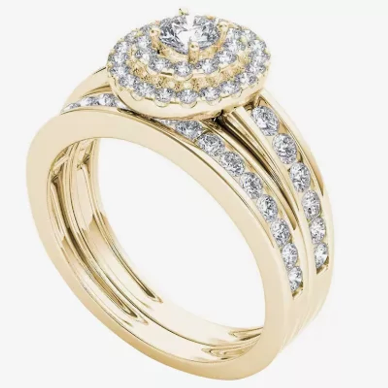 Womens 1 CT. T.W. Natural White Diamond 10K Gold Oval Side Stone Halo Bridal Set