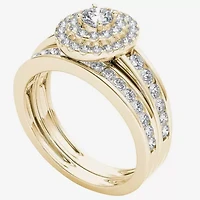 Womens 1 CT. T.W. Natural White Diamond 10K Gold Oval Side Stone Halo Bridal Set