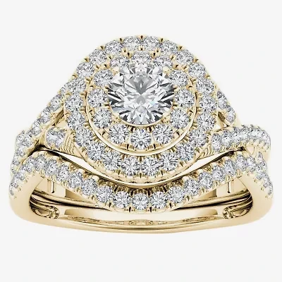 Womens 3/4 CT. T.W. Natural White Diamond 10K Gold Round Halo Bridal Set