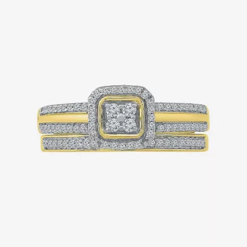 Womens / CT. T.W. Natural White Diamond 10K Gold Cushion Side Stone Halo Bridal Set