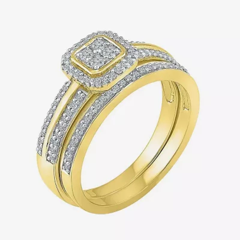 Womens / CT. T.W. Natural White Diamond 10K Gold Cushion Side Stone Halo Bridal Set