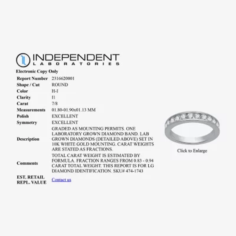 (H-I / I1) Womens 7/8 CT. T.W. Lab Grown White Diamond 10K Gold Wedding Band