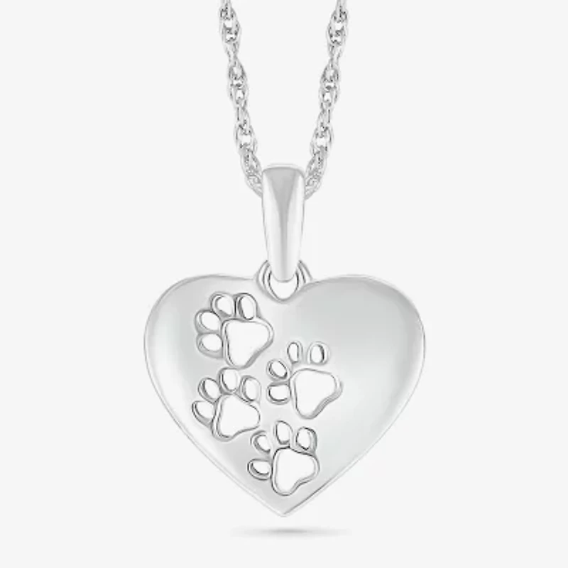Womens 10K White Gold Cut-out Paw Print Heart Pendant Necklace