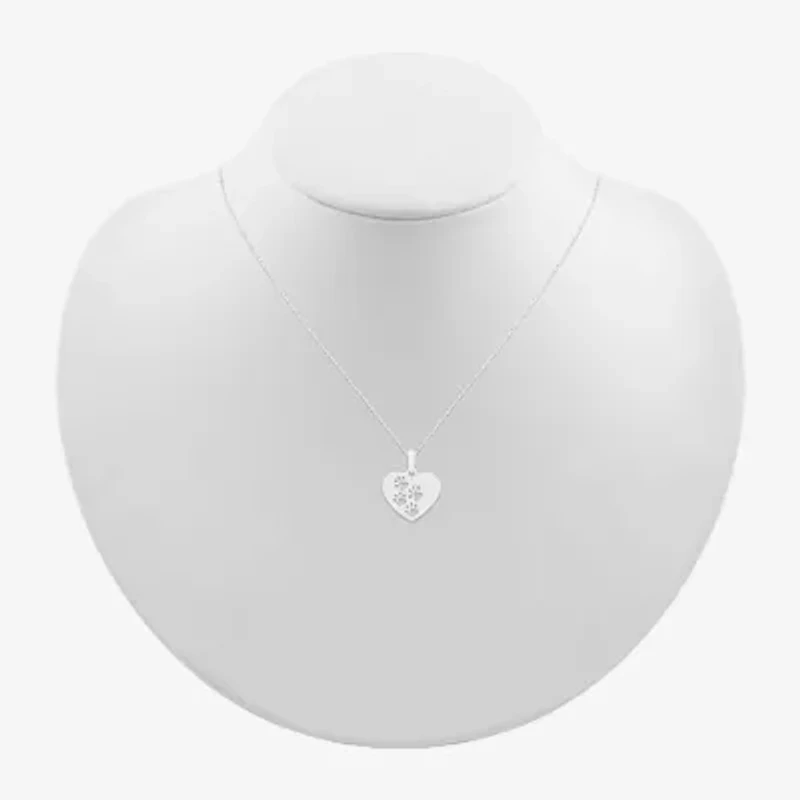 Womens 10K White Gold Cut-out Paw Print Heart Pendant Necklace