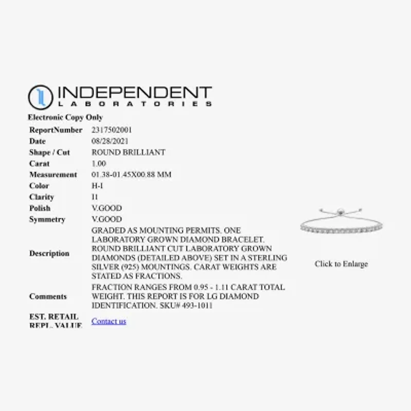 (G/ Si1-Si2) Womens 1 CT. T.W. Lab Grown Diamond Sterling Silver Bolo Bracelet