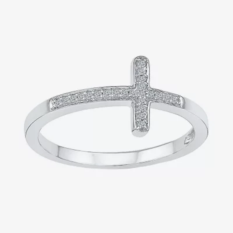 Sideways Womens Diamond Accent Natural White Sterling Silver Cross Delicate Cocktail Ring