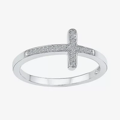 Sideways Womens Diamond Accent Natural White Sterling Silver Cross Delicate Cocktail Ring