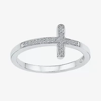 Sideways Womens Diamond Accent Natural White Sterling Silver Cross Delicate Cocktail Ring