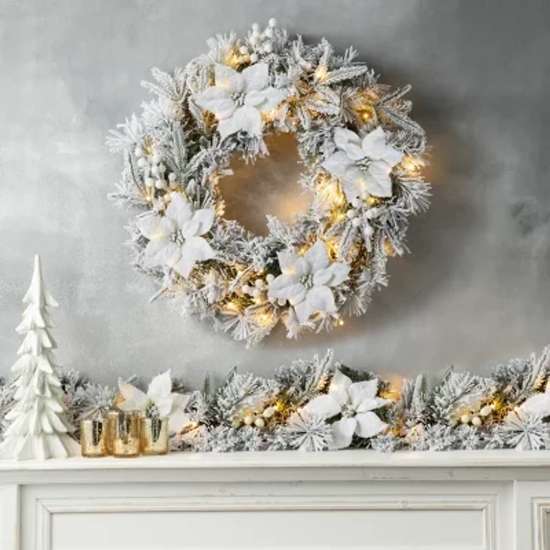 Glitzhome 2ft Pre-Lit Flocked Wreath