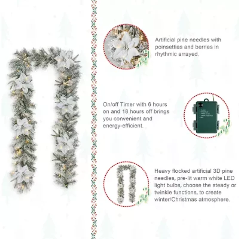 Glitzhome 9ft Pre-Lit Flocked Pine Christmas Indoor Garland