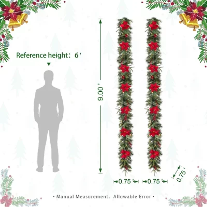 Glitzhome 2pc 9ft Pre-Lit Red Berries Indoor Christmas Garland