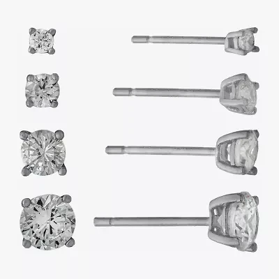 Silver Treasures Womens Cubic Zirconia Sterling Silver Round Pair Earring Set