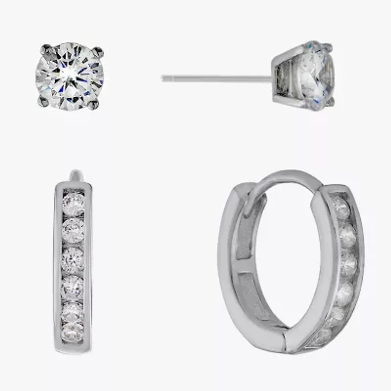 Silver Treasures Womens Cubic Zirconia Sterling Silver 2 Pair Earring Set