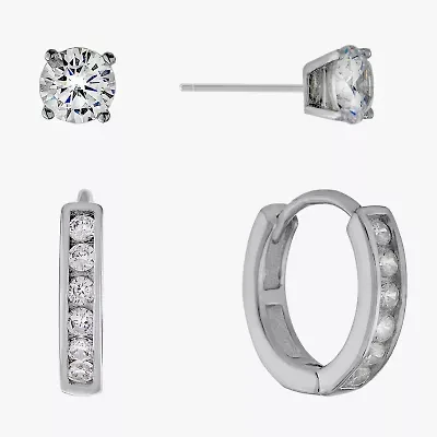 Silver Treasures Womens Cubic Zirconia Sterling Silver 2 Pair Earring Set