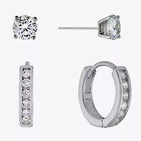 Silver Treasures Womens Cubic Zirconia Sterling Silver 2 Pair Earring Set