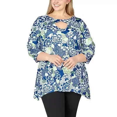 Larky Lark Womens Keyhole Neck 3/4 Sleeve Plus T-Shirt