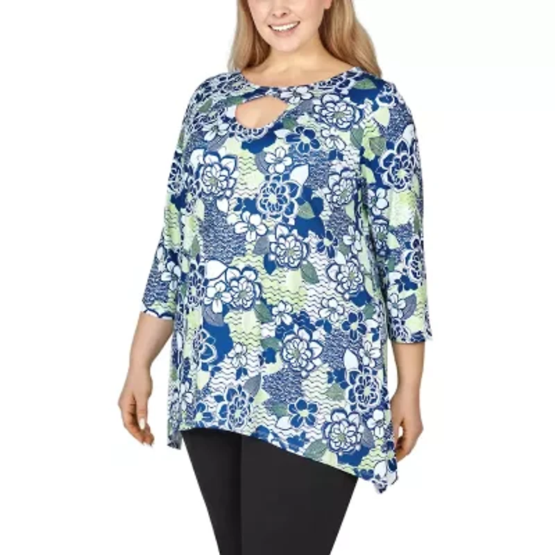 Larky Lark Womens Keyhole Neck 3/4 Sleeve Plus T-Shirt