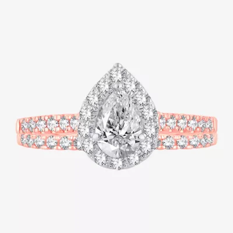 (H-I / SI1-SI2) Signature By Modern Bride Womens 1 CT. T.W. Lab Grown White Diamond 10K or 14K Gold Pear Halo Bridal Set