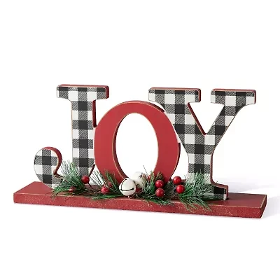 Glitzhome Wooden Plaid Joy Christmas Tabletop Decor