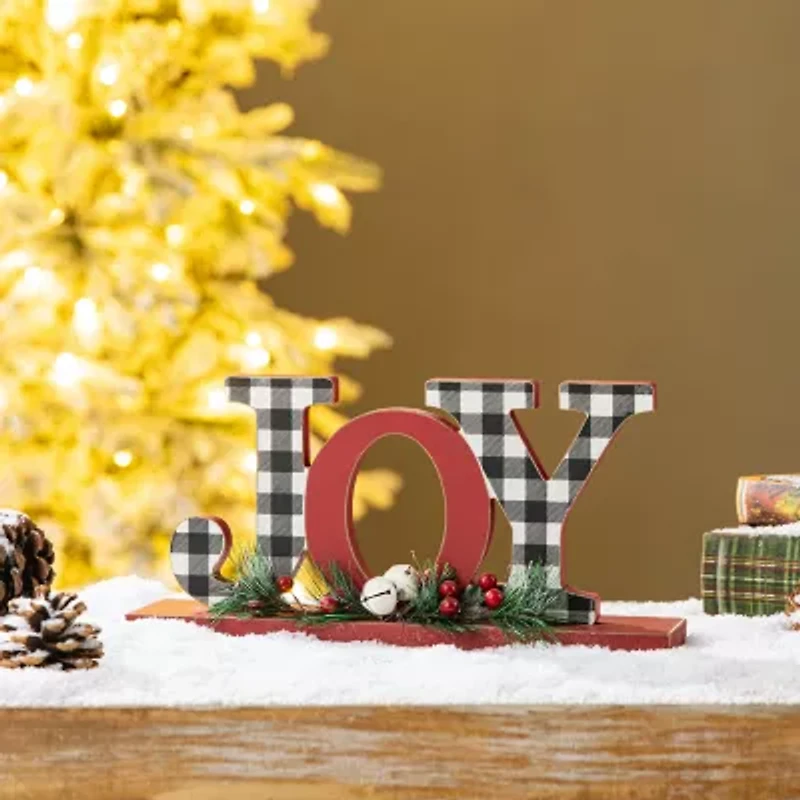 Glitzhome Wooden Plaid Joy Christmas Tabletop Decor