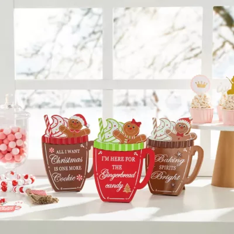 Glitzhome 3-pc Gingerbread Man Mug Wooden Christmas Tabletop Decor