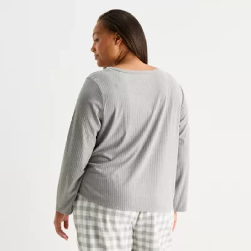 Sleep Chic Womens Rib Round Neck Long Sleeve Plus Pajama Top