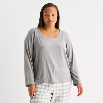 Sleep Chic Womens Rib Round Neck Long Sleeve Plus Pajama Top