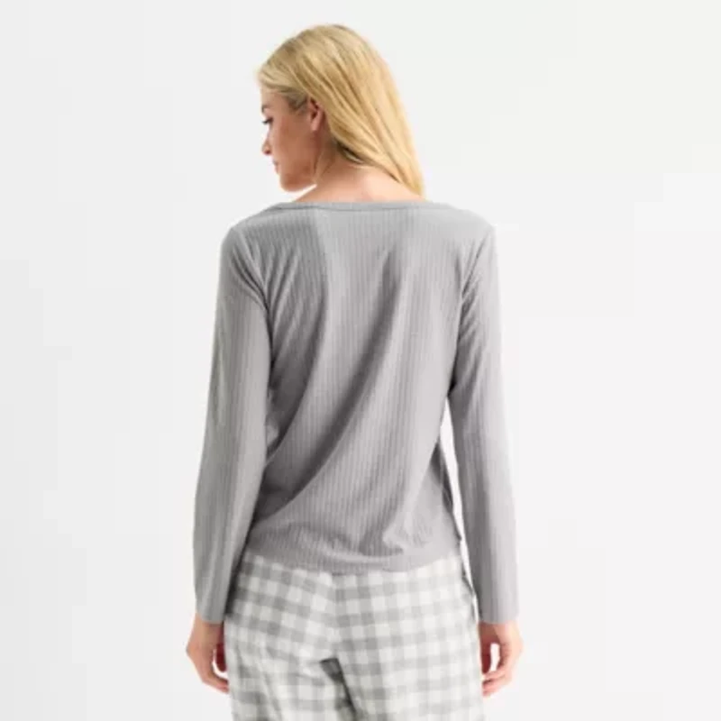 Sleep Chic Womens Rib Round Neck Long Sleeve Pajama Top