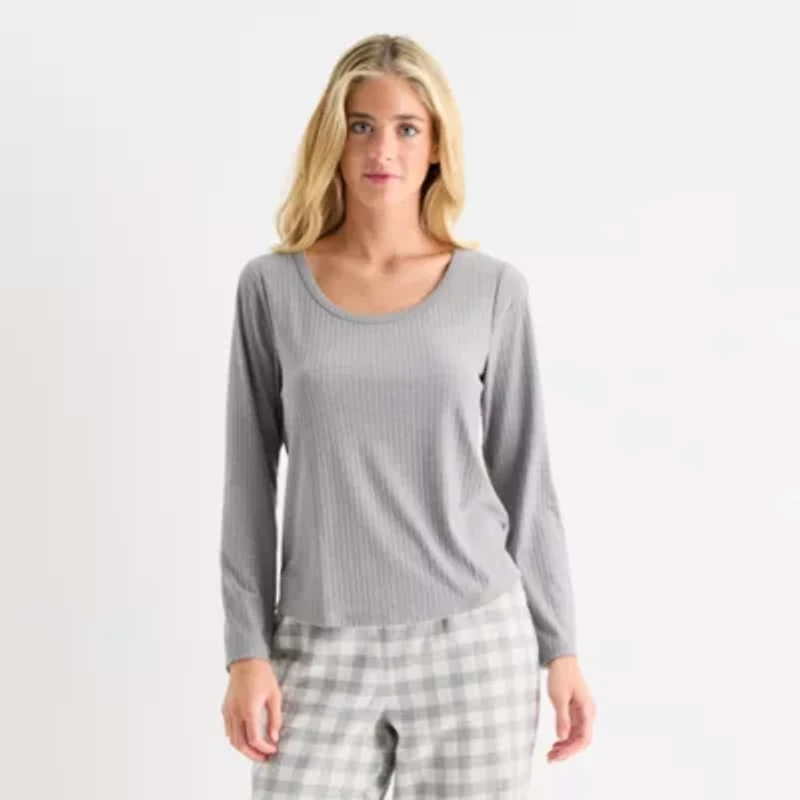 Sleep Chic Womens Rib Round Neck Long Sleeve Pajama Top