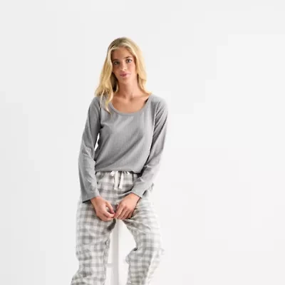 Sleep Chic Womens Rib Round Neck Long Sleeve Pajama Top