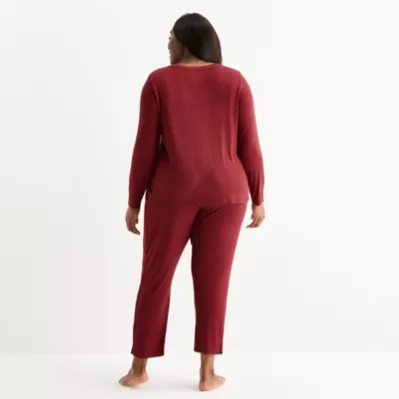 Liz Claiborne Womens Rib Long Sleeve 2-pc. Plus Pajama Sets
