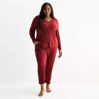Liz Claiborne Womens Rib Long Sleeve 2-pc. Plus Pajama Sets