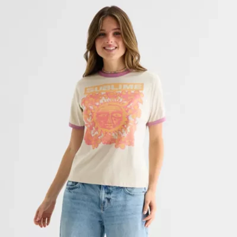 New World Sublime Long Beach Ringer Tee Womens Crew Neck Short Sleeve Loose Fit Juniors Graphic T-Shirt