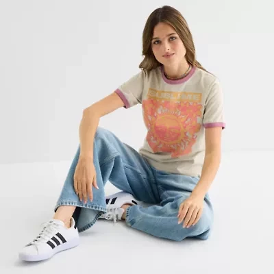 New World Sublime Long Beach Ringer Tee Womens Crew Neck Short Sleeve Loose Fit Juniors Graphic T-Shirt