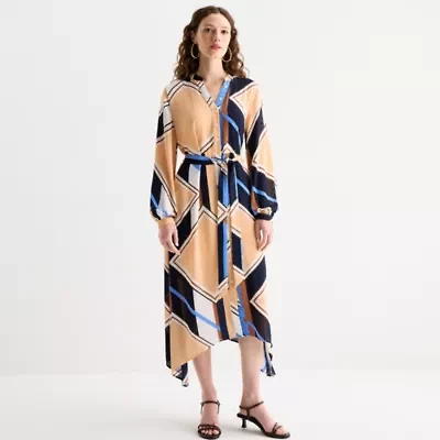 Worthington Womens Long Sleeve Geometric Shirt Dress