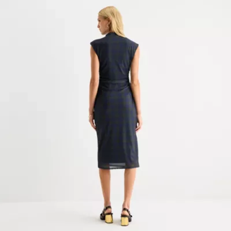 Worthington Womens Short Sleeve Midi Plaid Bodycon Dress