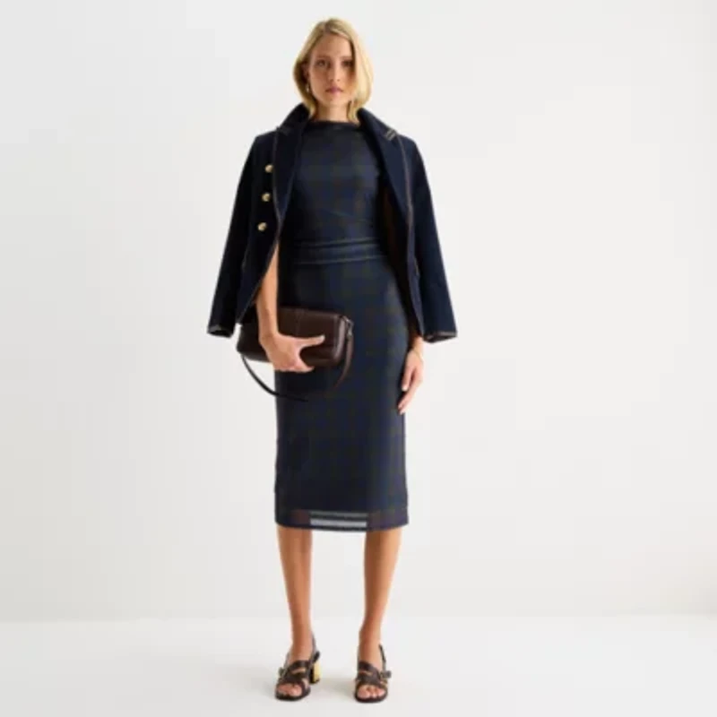 Worthington Womens Short Sleeve Midi Plaid Bodycon Dress