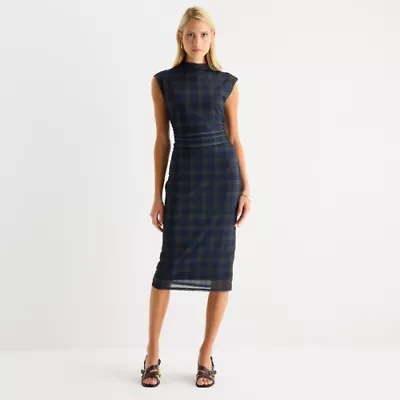 Worthington Womens Short Sleeve Midi Plaid Bodycon Dress