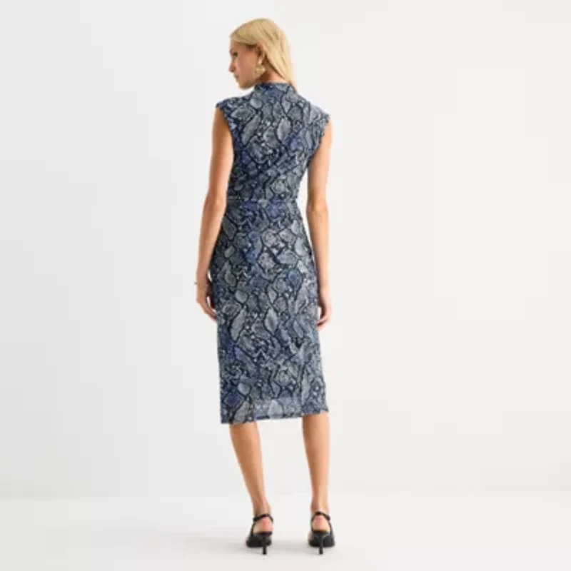Worthington Womens Sleeveless Midi Abstract Bodycon Dress
