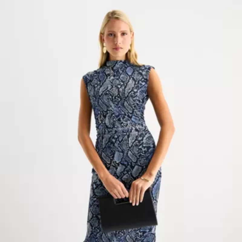 Worthington Womens Sleeveless Midi Abstract Bodycon Dress