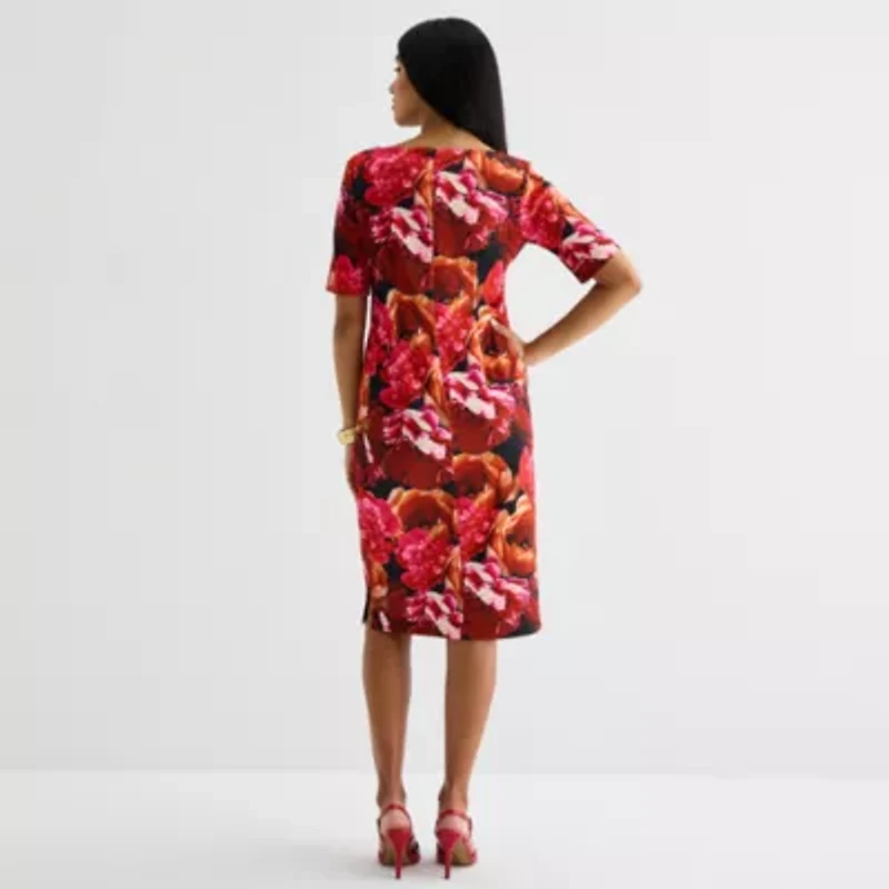 Maya Brooke Womens Short Sleeve Floral Sheath Dress