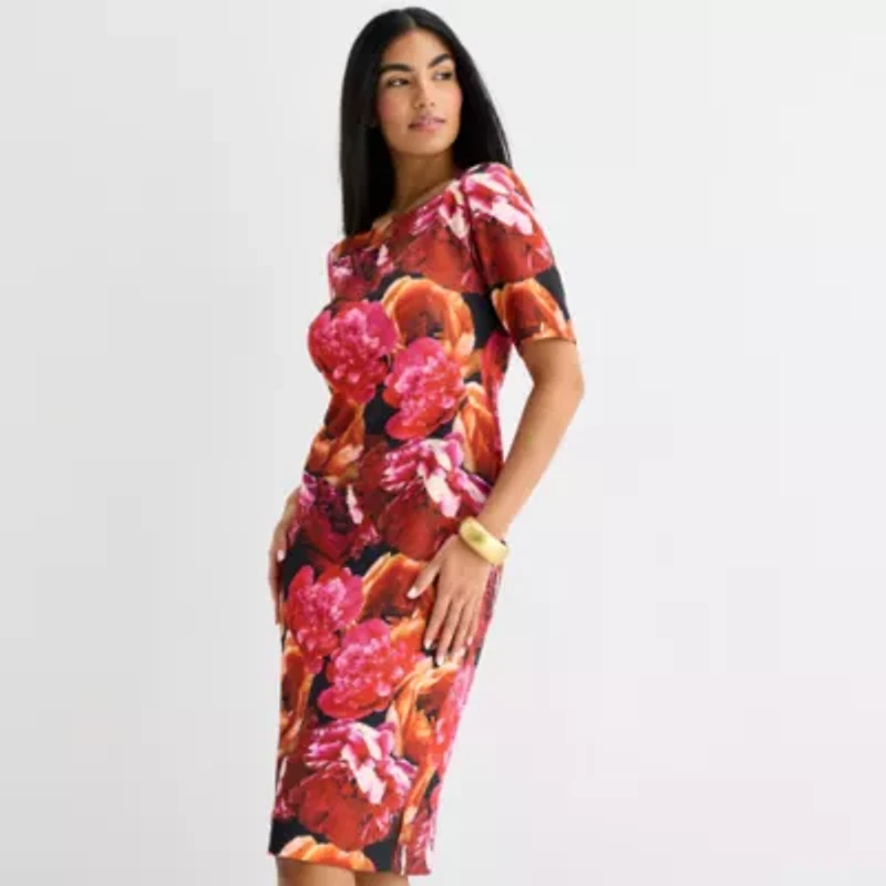 Maya Brooke Womens Short Sleeve Floral Sheath Dress